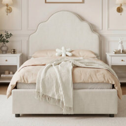 Btm 3Ft Kids Scalloped Upholstered Bed, Curved Headboard, Padded Platform Bed, Linen Beige - thumbnail 3
