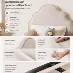 Btm 3Ft Kids Scalloped Upholstered Bed, Curved Headboard, Padded Platform Bed, Linen Beige - thumbnail 7