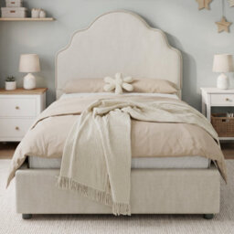 Btm 3Ft Kids Scalloped Upholstered Bed, Curved Headboard, Padded Platform Bed, Linen Beige - thumbnail 4