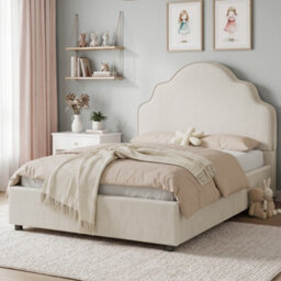 Btm 3Ft Kids Scalloped Upholstered Bed, Curved Headboard, Padded Platform Bed, Linen Beige - thumbnail 5