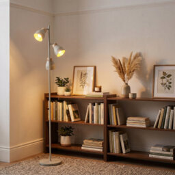 Happy Homewares Muted Dove Grey Scandinavian Triple Spot Floor Lamp With Wooden Trim - thumbnail 5
