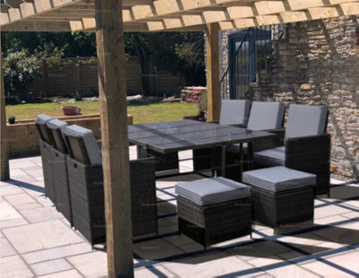 10 Seat Outdoor Garden Furniture Rattan Cube Set - Dining Table, Ottomans & Folding Armchairs For Compact Storage, Inc. Cushions - image 1