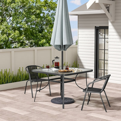 Living And Home Black Tempered Glass 2 Seater Garden Furniture Set Outdoor Dinging Table And Stackable Chairs With Umbrella Hole 105 Cm - image 1