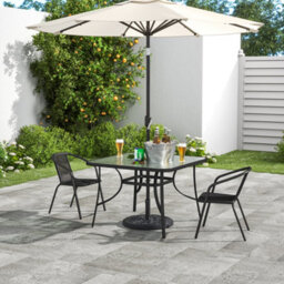 Living And Home Black Tempered Glass 2 Seater Garden Furniture Set Outdoor Dinging Table And Stackable Chairs With Umbrella Hole 105 Cm - thumbnail 2