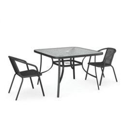 Living And Home Black Tempered Glass 2 Seater Garden Furniture Set Outdoor Dinging Table And Stackable Chairs With Umbrella Hole 105 Cm - thumbnail 3