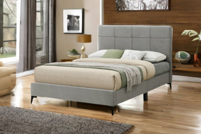 Sareer Furniture Jenson Bed, Bed In A Box, Contemporary Light Grey Upholstered Velvet Bed Frame With Headboard - image 1