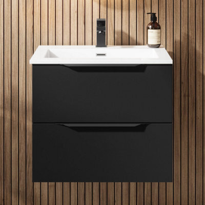 Affine 600mm Bathroom Vanity Unit Basin Wall Hung Furniture 2 Soft Close Drawers Black - image 1