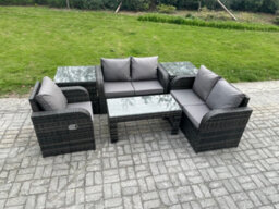 Fimous Rattan Outdoor Garden Furniture Sofa Set Patio Table & Chairs Set With 2 Side Tables Dark Grey Mixed - thumbnail 2