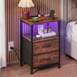 1Pc Bedside Table With Charging Station With 2 Fabric Drawers & Led Lights - thumbnail 3