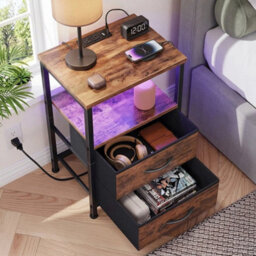 1Pc Bedside Table With Charging Station With 2 Fabric Drawers & Led Lights - thumbnail 6