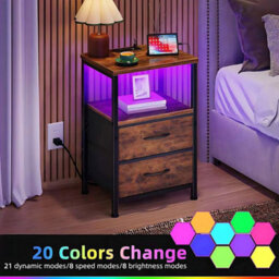1Pc Bedside Table With Charging Station With 2 Fabric Drawers & Led Lights - thumbnail 5