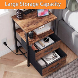 1Pc Bedside Table With Charging Station With 2 Fabric Drawers & Led Lights - thumbnail 4