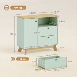 Homcom Sideboard, 80 Cm Buffet Cabinet With 2 Drawers, Light Green And Oak - thumbnail 3
