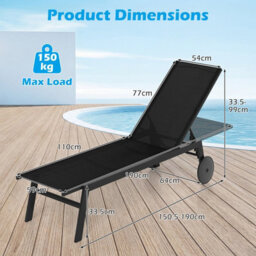 Costway Patio Sun Lounger Chair With Wheels Outdoor Recliner-Black - thumbnail 3