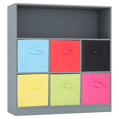 Urbn-Living Urbnliving Height 94Cm Wooden Wide Grey 7 Cube Bookcase With Multi Colour 6 Drawers Baskets Storage Unit Shelves - image 1