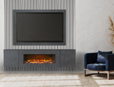 Acantha Orion Xo Electric Floating Media Wall Suite In Slate Effect With Tv Board & White Oak Wall Panels - image 1