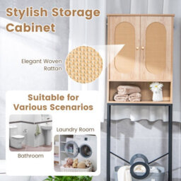 Costway 175 Cm Freestanding Toilet Cabinet Over The Toilet Storage Cabinet W/ Rattan Doors - thumbnail 8