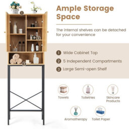 Costway 175 Cm Freestanding Toilet Cabinet Over The Toilet Storage Cabinet W/ Rattan Doors - thumbnail 6