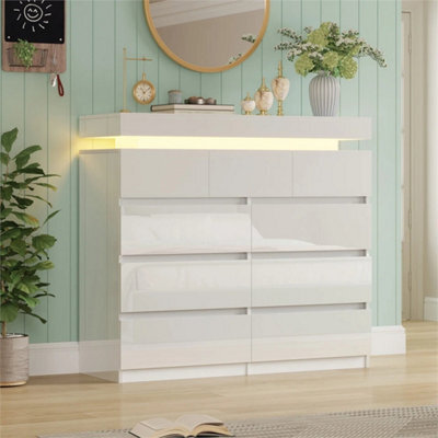 9 Drawer White High Gloss Bedside Table Cabinet Led Rgb Light Storage - image 1