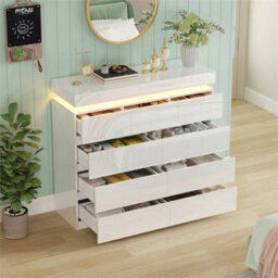 9 Drawer White High Gloss Bedside Table Cabinet Led Rgb Light Storage - thumbnail 3
