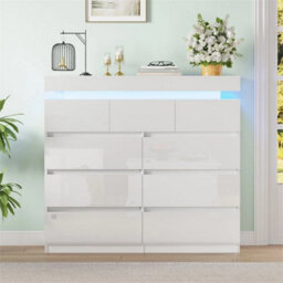 9 Drawer White High Gloss Bedside Table Cabinet Led Rgb Light Storage - thumbnail 4