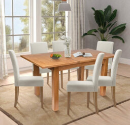 Hallowood Furniture Camberley Oak Butterfly Extending Dining Table With 6 Straight Back Fabric Chairs In Beige - thumbnail 1