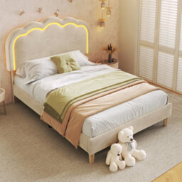 Matteo Single 3Ft 90X190Cm Velvet Bed Frame With Led Adjustable Headboard & Wooden Slats - Beige