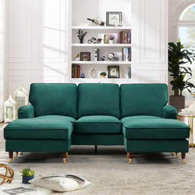 Woodbury 218Cm Wide U-Shaped Green Velvet Fabric Corner Sofa Walnut Colour Legs With Brass Coloured Wheel