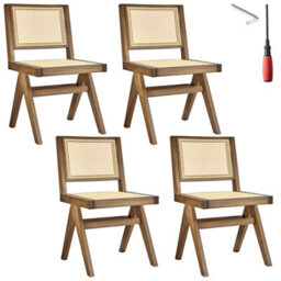 Tectake Set Of 4 Accent Chair Lizzy With Mid-Century Modern Design, Rattan Backrest And Solid Wood Frame  - Light Oak - thumbnail 1