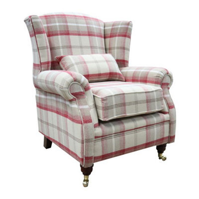 Wing Chair Original Fireside High Back Armchair P And S Balmoral Cranberry Check Real Fabric - image 1