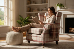 Wing Chair Original Fireside High Back Armchair P And S Balmoral Cranberry Check Real Fabric - thumbnail 5