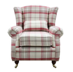 Wing Chair Original Fireside High Back Armchair P And S Balmoral Cranberry Check Real Fabric - thumbnail 2