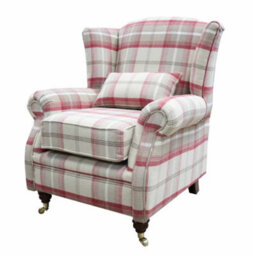 Wing Chair Original Fireside High Back Armchair P And S Balmoral Cranberry Check Real Fabric - thumbnail 3