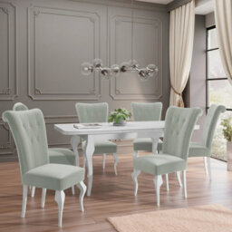 Lara Extendable Dining Table Set With 6 St63 Dining Chairs Mdf Hdf Chipboard Wood 140 To 180 Cm White And Light Grey - thumbnail 1