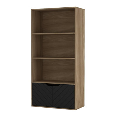 Urbnliving 4 Tier Oak Coloured Wooden Bookcase Cupboard With 2 Black Line Doors Storage Shelving Display Cabinet - image 1