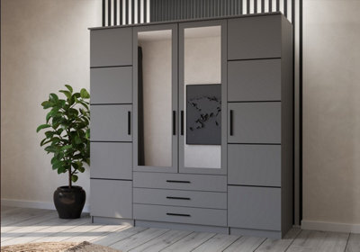 Arte Grey Hinged Wardrobe With Mirror And Black Accents 200X210Cm - Four Doors, Three Drawers - image 1
