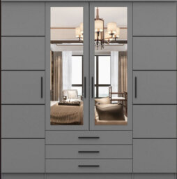 Arte Grey Hinged Wardrobe With Mirror And Black Accents 200X210Cm - Four Doors, Three Drawers - thumbnail 2
