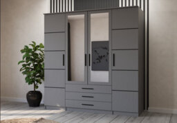 Arte Grey Hinged Wardrobe With Mirror And Black Accents 200X210Cm - Four Doors, Three Drawers - thumbnail 1