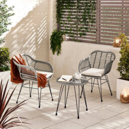 Furniturebox Belize Grey Garden Bistro Set, 2 Seat Rattan Garden Table & Chairs Coffee Bistro Table Set, Outdoor Patio Bistro Set
