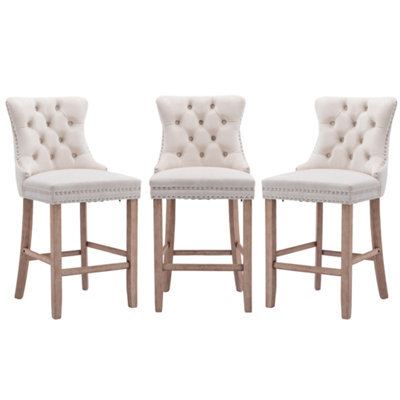 HomeTouch Beige Velvet Breakfast Bar Stools With Backs & Wooden Legs Set Of 3 - image 1