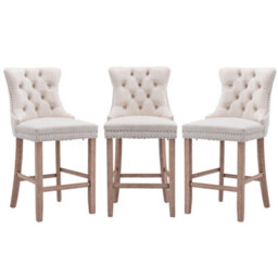 HomeTouch Beige Velvet Breakfast Bar Stools With Backs & Wooden Legs Set Of 3 - thumbnail 1