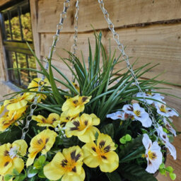 Best Artificial 14 Inch / 35Cmyellow & White Faux Pansy Flower With Rattan Wicker Hanging Basket For Indoor Or Outdoor Use - thumbnail 2