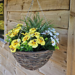 Best Artificial 14 Inch / 35Cmyellow & White Faux Pansy Flower With Rattan Wicker Hanging Basket For Indoor Or Outdoor Use