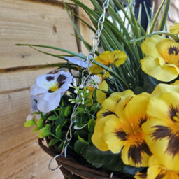 Best Artificial 14 Inch / 35Cmyellow & White Faux Pansy Flower With Rattan Wicker Hanging Basket For Indoor Or Outdoor Use - thumbnail 3