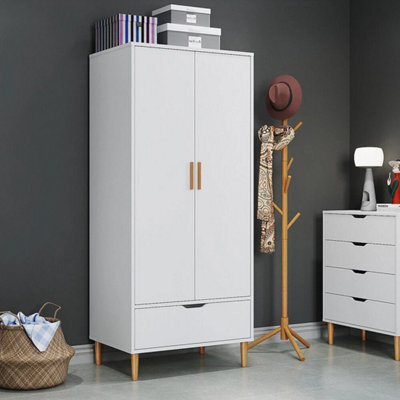 Wooden 2 Door Wardrobe 1 Drawer Storage Hanging Bar Clothes Solid Wooden Feet - image 1