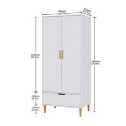 Wooden 2 Door Wardrobe 1 Drawer Storage Hanging Bar Clothes Solid Wooden Feet - thumbnail 2