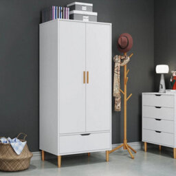 Wooden 2 Door Wardrobe 1 Drawer Storage Hanging Bar Clothes Solid Wooden Feet - thumbnail 1