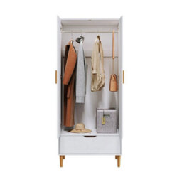Wooden 2 Door Wardrobe 1 Drawer Storage Hanging Bar Clothes Solid Wooden Feet - thumbnail 3