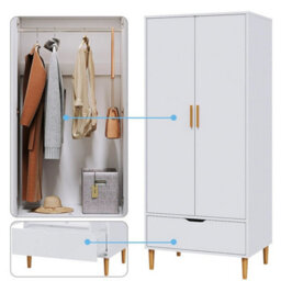 Wooden 2 Door Wardrobe 1 Drawer Storage Hanging Bar Clothes Solid Wooden Feet - thumbnail 4