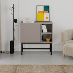 Decortie Storage Cabinet Push-To-Open Door Sideboard 2 Open Shelves, Metal Legs, Easy Assembly, Living&dining Room, Mocha Grey - thumbnail 5